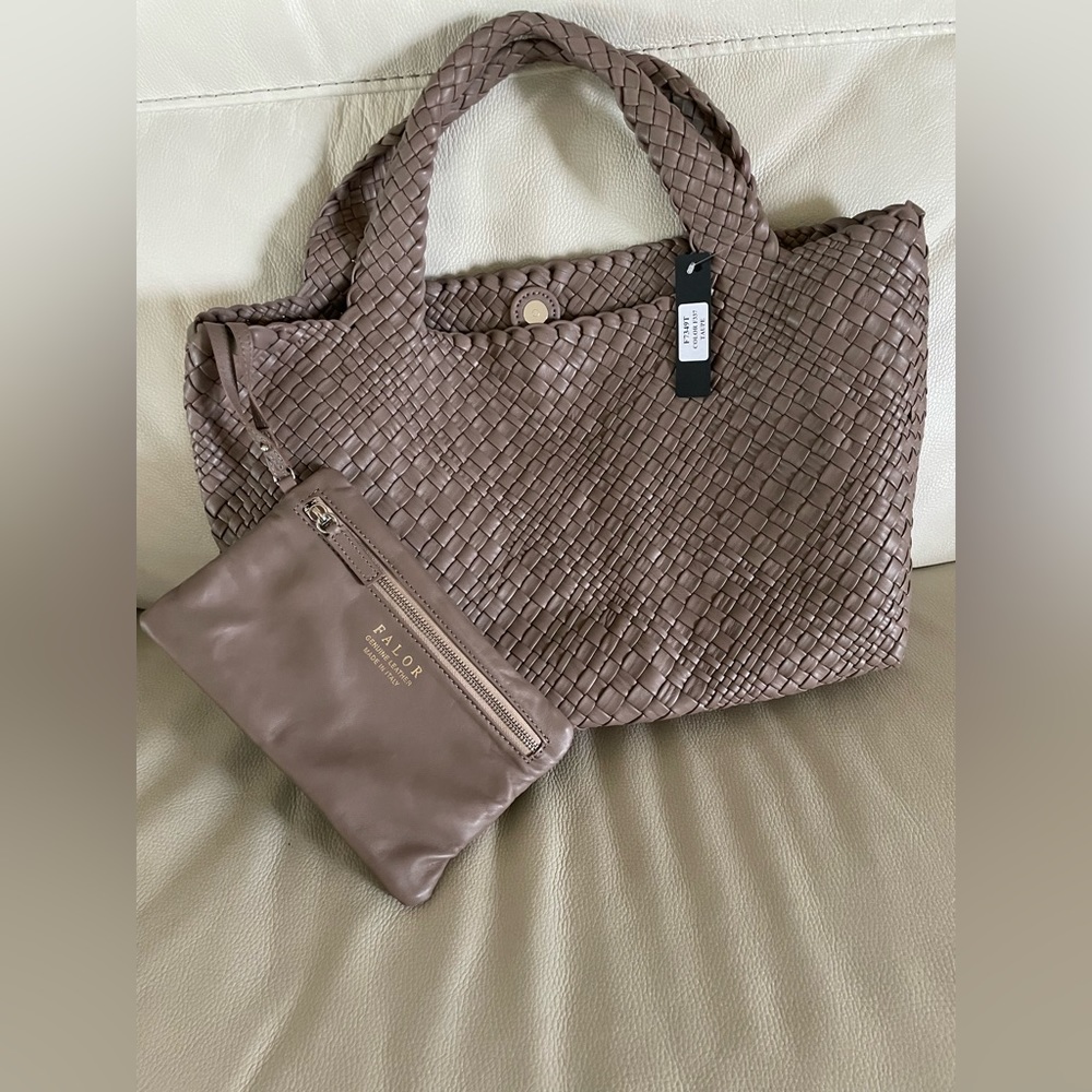 FALOR Tote Shoulder bag, Soft Italian Leather Hand Woven-TAUPE w/pouch N…